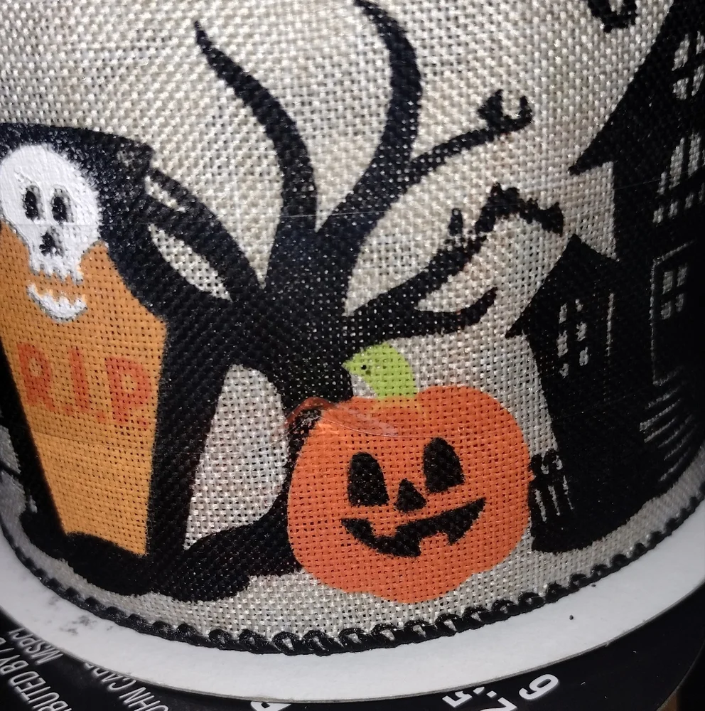 Holiday wired ribbon. Haunted neighborhood or spiders